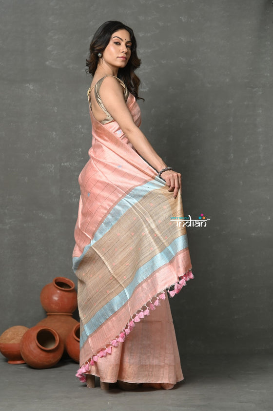 Tyohaar ~ Pure Dupion Silk Saree with Geometric Weave ~ Peach