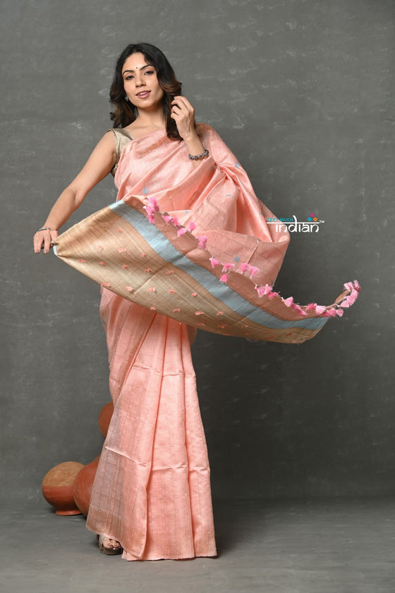 Tyohaar ~ Pure Dupion Silk Saree with Geometric Weave ~ Peach