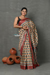 Tyohaar ~ Pure Handloom Tussar Silk with Kalamkari Print by Khadigram Certified Weaver ~ Beige Red