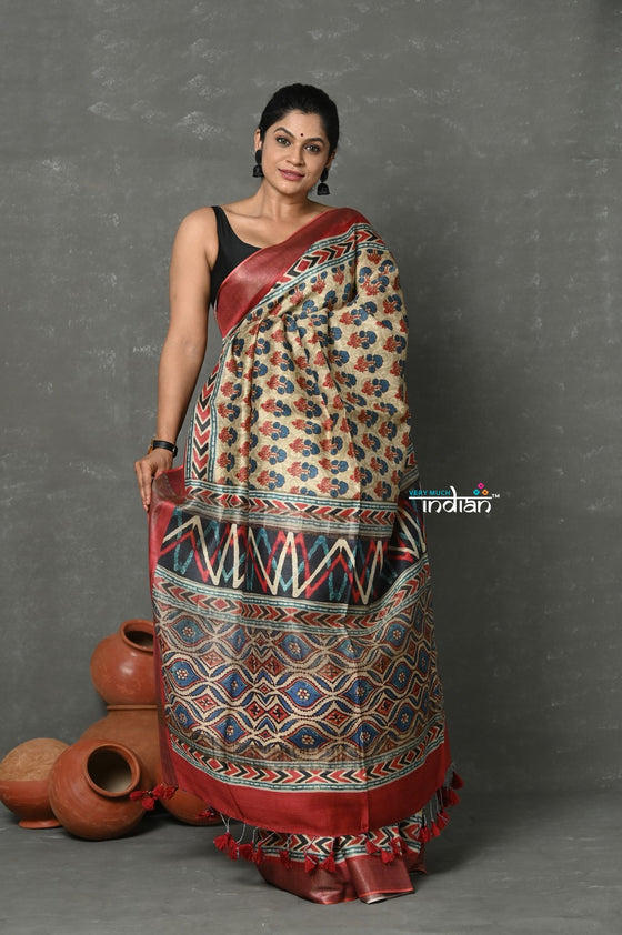 Tyohaar ~ Pure Handloom Tussar Silk with Kalamkari Print by Khadigram Certified Weaver ~ Beige Red