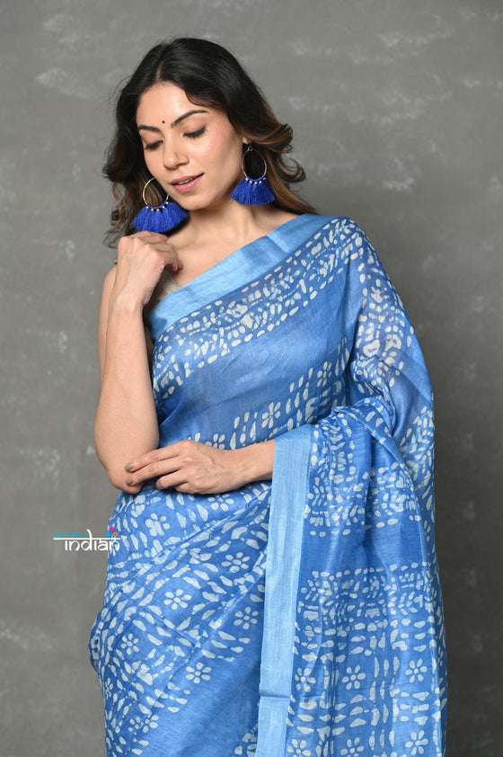 Tyohaar ~ Designed By VMI~ Handloom Pure Organic Natural Linen Silk Saree with All Over Batik Print ~ Powder Blue