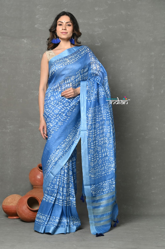 Tyohaar ~ Designed By VMI~ Handloom Pure Organic Natural Linen Silk Saree with All Over Batik Print ~ Powder Blue