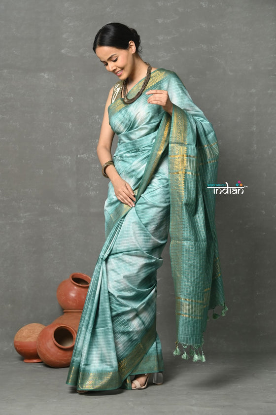 Tyohaar ~ Designer! Cotton Viscose Hand Dyed Saree With Sleek Border - Squalane Green