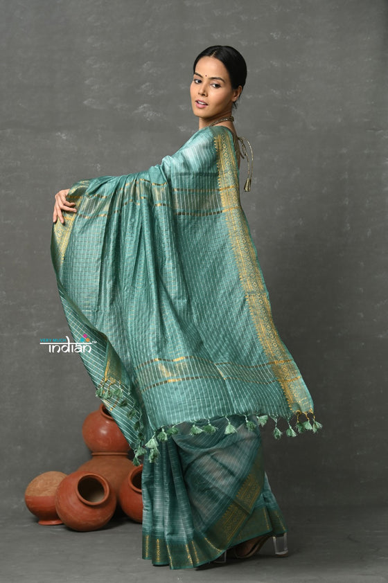 Tyohaar ~ Designer! Cotton Viscose Hand Dyed Saree With Sleek Border - Squalane Green