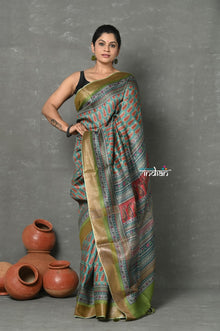  Tyohaar ~ Pure Tussar Silk Handloom with Kalamkari Print by Khadigram Certified Weavers ~ Olive Green