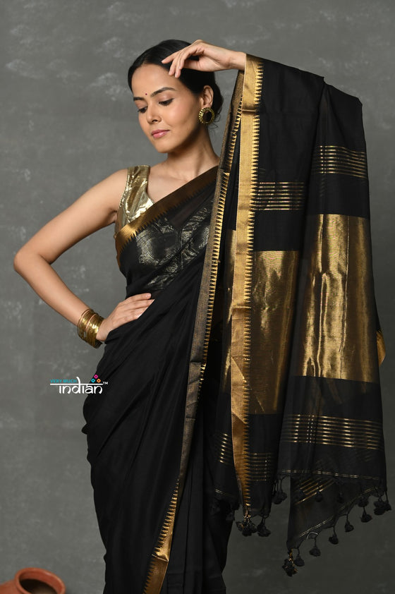 Tyohaar ~ Designed by VMI ~ Pure High Quality Mul Cotton Handloom Saree - Black Gold