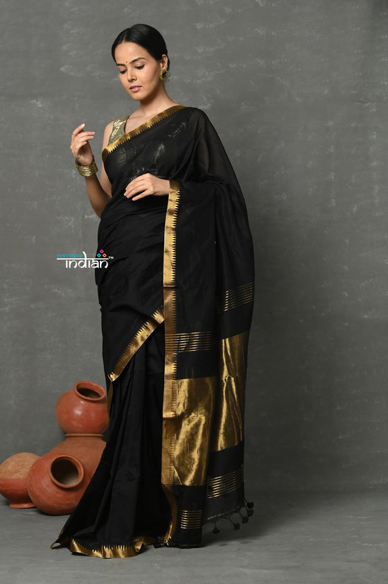 Tyohaar ~ Designed by VMI ~ Pure High Quality Mul Cotton Handloom Saree - Black Gold