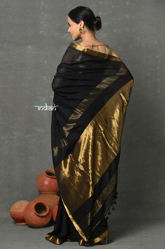 Tyohaar ~ Designed by VMI ~ Pure High Quality Mul Cotton Handloom Saree - Black Gold