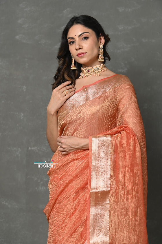 Tyohaar ~ Exclusive! Banarasi Handloom Crushed Pure Tissue Silk Saree ~ Golden Orange ( Silk Mark Certified)