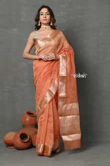  Tyohaar ~ Exclusive! Banarasi Handloom Crushed Pure Tissue Silk Saree ~ Golden Orange