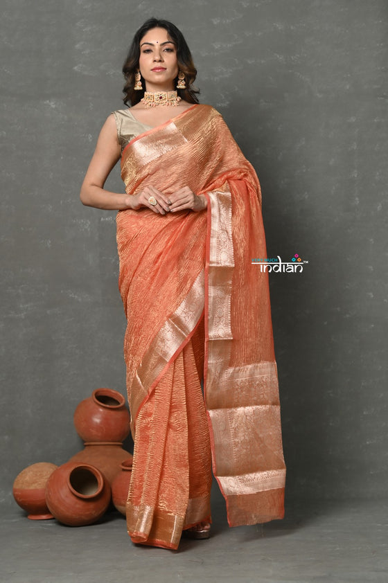 Tyohaar ~ Exclusive! Banarasi Handloom Crushed Pure Tissue Silk Saree ~ Golden Orange ( Silk Mark Certified)