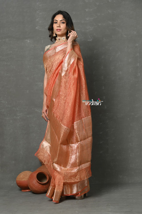 Tyohaar ~ Exclusive! Banarasi Handloom Crushed Pure Tissue Silk Saree ~ Golden Orange ( Silk Mark Certified)