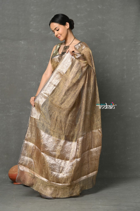 Tyohaar ~ Exclusive! Banarasi Handloom Crushed Pure Tissue Silk Saree ~ Copper