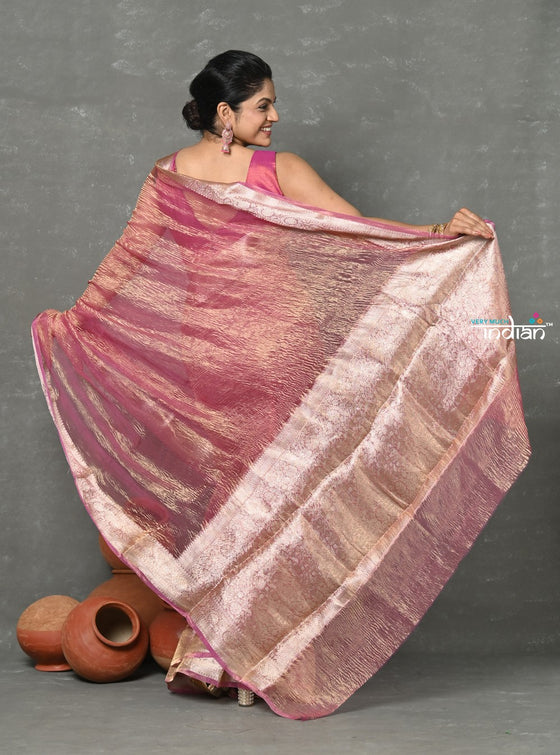 Tyohaar ~ Exclusive! Banarasi Handloom Crushed - Pure Tissue Silk Saree ~ Soft Pink