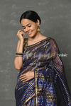 Tyohaar ~ Handloom Pure Cotton Silk Saree With Trendy Golden Stripes - Indigo Blue