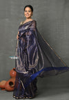 Tyohaar ~ Handloom Pure Cotton Silk Saree With Trendy Golden Stripes - Indigo Blue