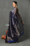 Tyohaar ~ Handloom Pure Cotton Silk Saree With Trendy Golden Stripes - Indigo Blue