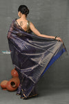 Tyohaar ~ Handloom Pure Cotton Silk Saree With Trendy Golden Stripes - Indigo Blue