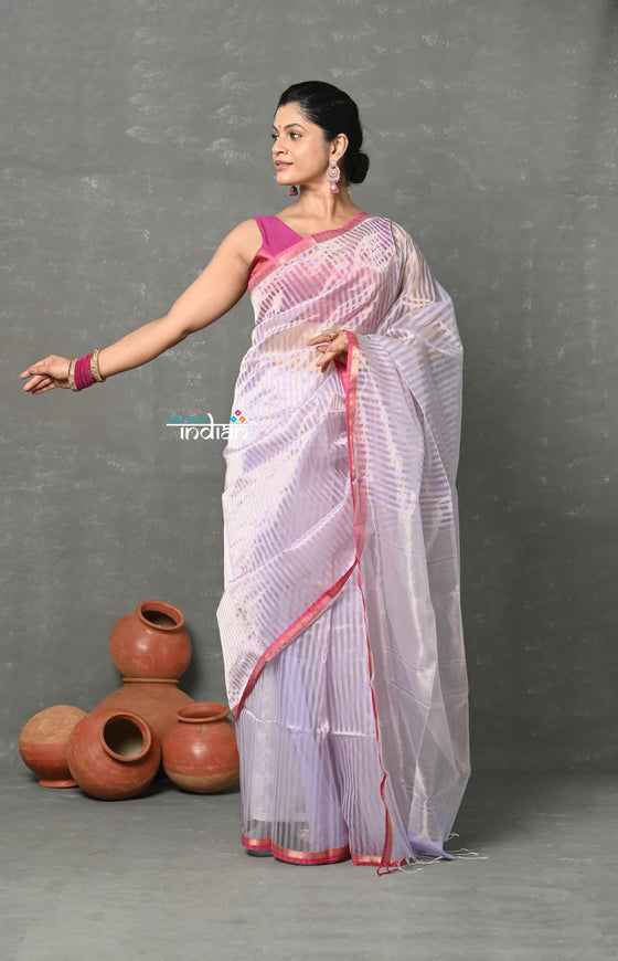 Tyohaar ~ Handloom Pure Cotton Silk Saree With Trendy Stripes - Pretty Lavender