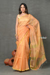 Tyohaar ~ Handloom Pure Cotton Silk Saree With Trendy Stripes - Peach