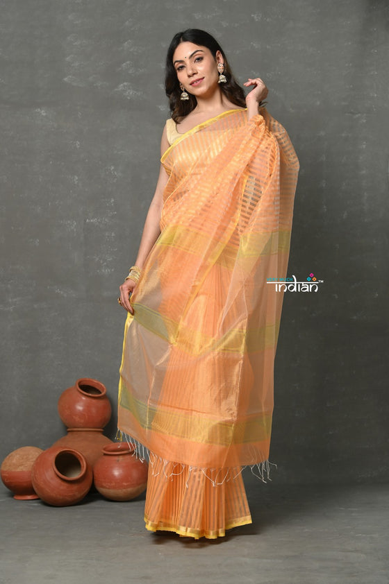 Tyohaar ~ Handloom Pure Cotton Silk Saree With Trendy Stripes - Peach