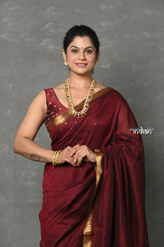 Tyohaar ~ Designer! High Quality Pure Mul Cotton Handloom Saree - Dark Maroon