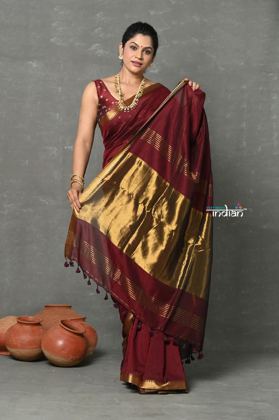 Tyohaar ~ Designer! High Quality Pure Mul Cotton Handloom Saree - Dark Maroon