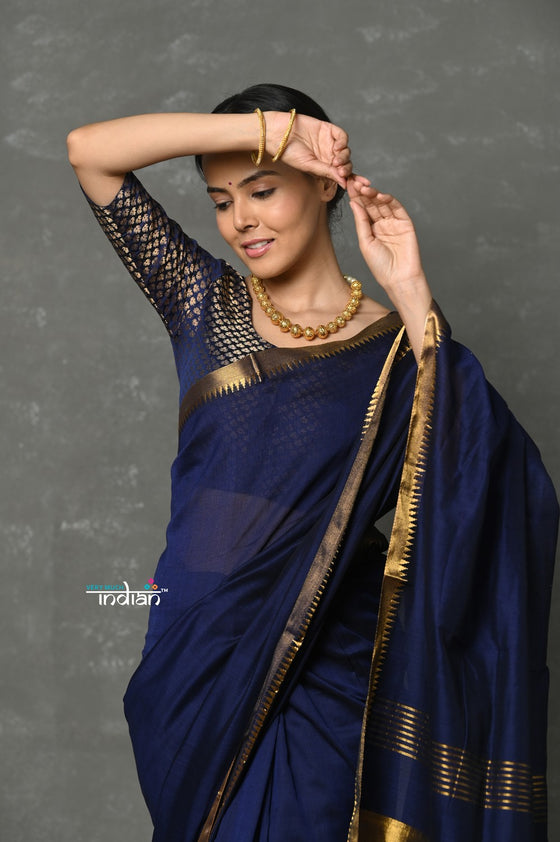 Tyohaar ~ Designer! High Quality Pure Mul Cotton Handloom Saree - Dark Blue