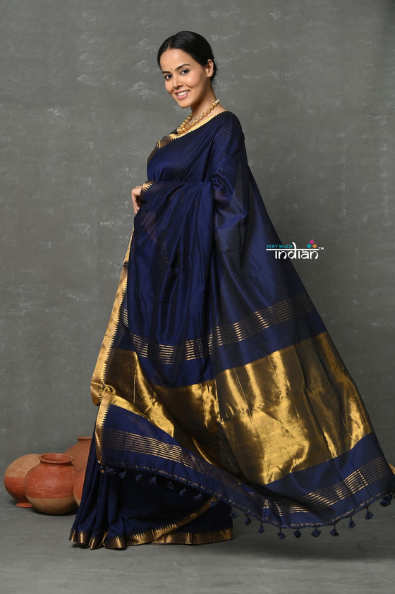 Tyohaar ~ Designer! High Quality Pure Mul Cotton Handloom Saree - Dark Blue