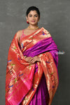 Tyohaar ~ Signature Weave! Handloom Pure Silk Paithani Saree with Handcrafted Peacock Parrot Zari Border ~ Royal Purple