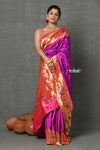 Tyohaar ~ Signature Weave! Handloom Pure Silk Paithani Saree with Handcrafted Peacock Parrot Zari Border ~ Royal Purple