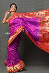 Tyohaar ~ Signature Weave! Handloom Pure Silk Paithani Saree with Handcrafted Peacock Parrot Zari Border ~ Royal Purple