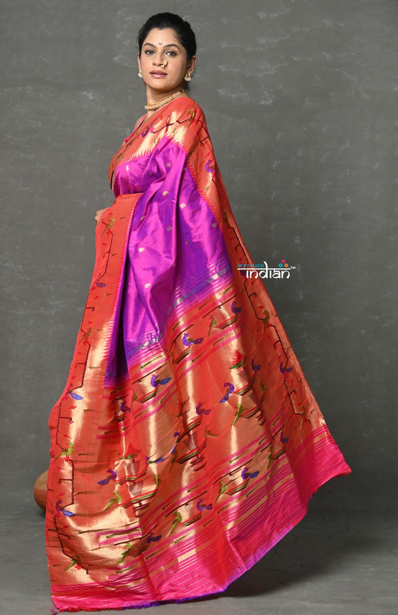 Tyohaar ~ Signature Weave! Handloom Pure Silk Paithani Saree with Handcrafted Peacock Parrot Zari Border ~ Royal Purple