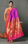 Tyohaar ~ Signature Weave! Handloom Pure Silk Paithani Saree with Handcrafted Peacock Parrot Zari Border ~ Royal Purple