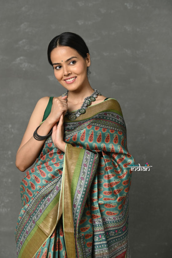 Tyohaar - Pure Handloom Tussar Silk with Kalamkari Print by Khadigram Certified Weavers ~ Green