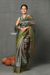 Tyohaar - Pure Handloom Tussar Silk with Kalamkari Print by Khadigram Certified Weavers ~ Green