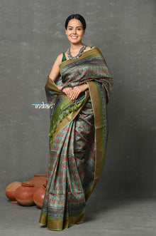  Tyohaar - Pure Handloom Tussar Silk with Kalamkari Print by Khadigram Certified Weavers ~ Green