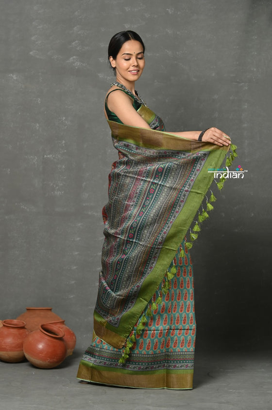 Tyohaar - Pure Handloom Tussar Silk with Kalamkari Print by Khadigram Certified Weavers ~ Green