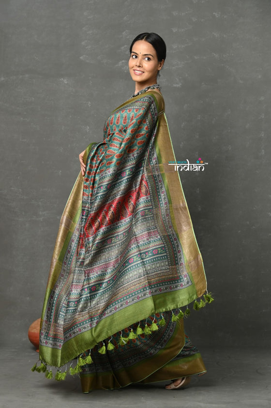 Tyohaar - Pure Handloom Tussar Silk with Kalamkari Print by Khadigram Certified Weavers ~ Green