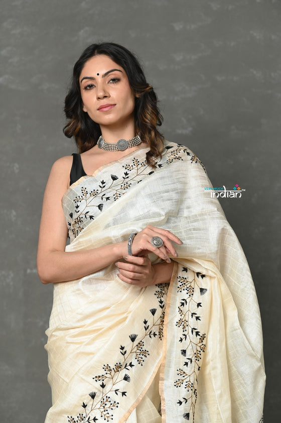 Tyohaar ~ Pure Handloom Tussar Silk with Hand Embroidery by Khadigram Certified Weavers ~ White