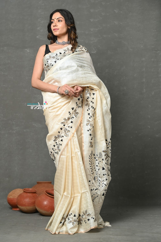 Tyohaar ~ Pure Handloom Tussar Silk with Hand Embroidery by Khadigram Certified Weavers ~ White