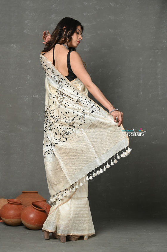 Tyohaar ~ Pure Handloom Tussar Silk with Hand Embroidery by Khadigram Certified Weavers ~ White