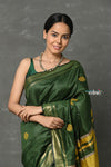 Tyohaar ~ Cotton Silk Saree By Khadigram Certified Weavers -  Olive Green with Mustard Yellow