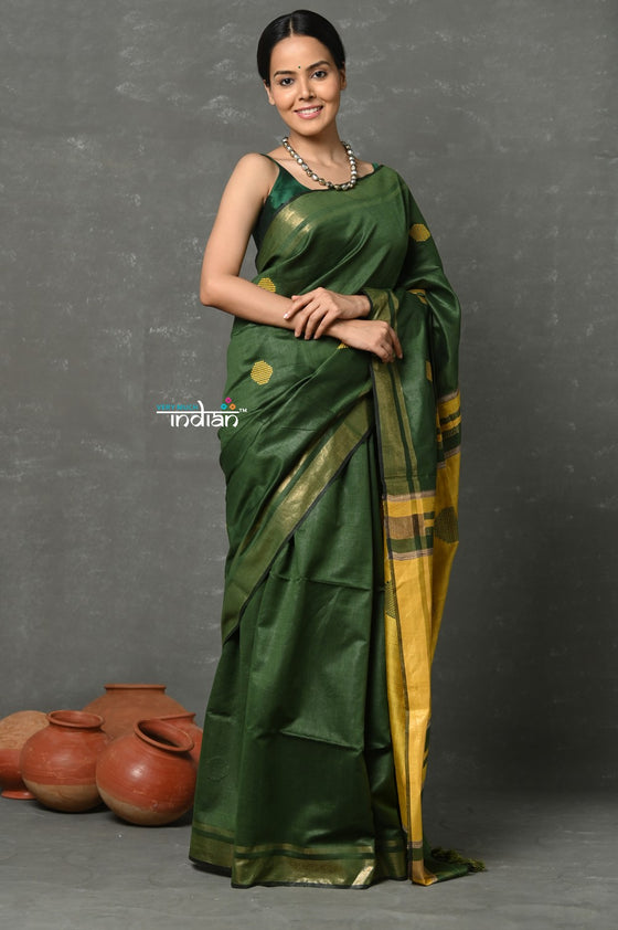 Tyohaar ~ Cotton Silk Saree By Khadigram Certified Weavers -  Olive Green with Mustard Yellow