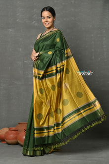  Tyohaar ~ Cotton Silk Saree By Khadigram Certified Weavers -  Olive Green with Mustard Yellow