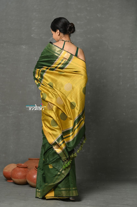 Tyohaar ~ Cotton Silk Saree By Khadigram Certified Weavers -  Olive Green with Mustard Yellow