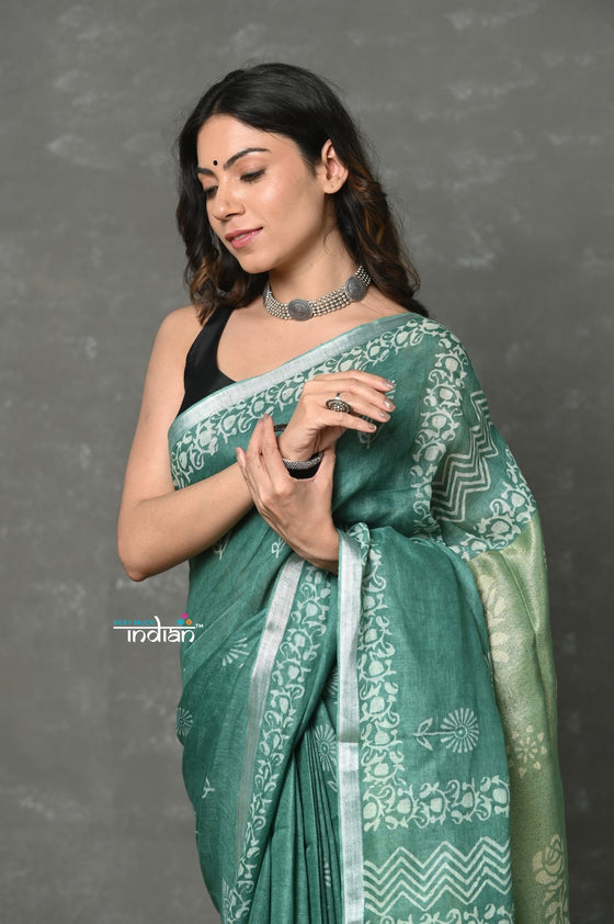 Tyohaar ~ Designed By VMI~ Handloom Pure Organic Natural Linen Saree - HandBlock Printed - Olive Green