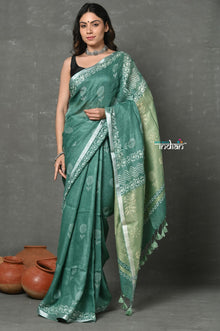  Tyohaar ~ Designed By VMI~ Handloom Pure Organic Natural Linen Saree - HandBlock Printed - Olive Green