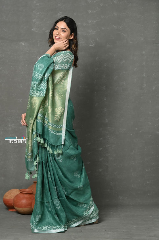 Tyohaar ~ Designed By VMI~ Handloom Pure Organic Natural Linen Saree - HandBlock Printed - Olive Green