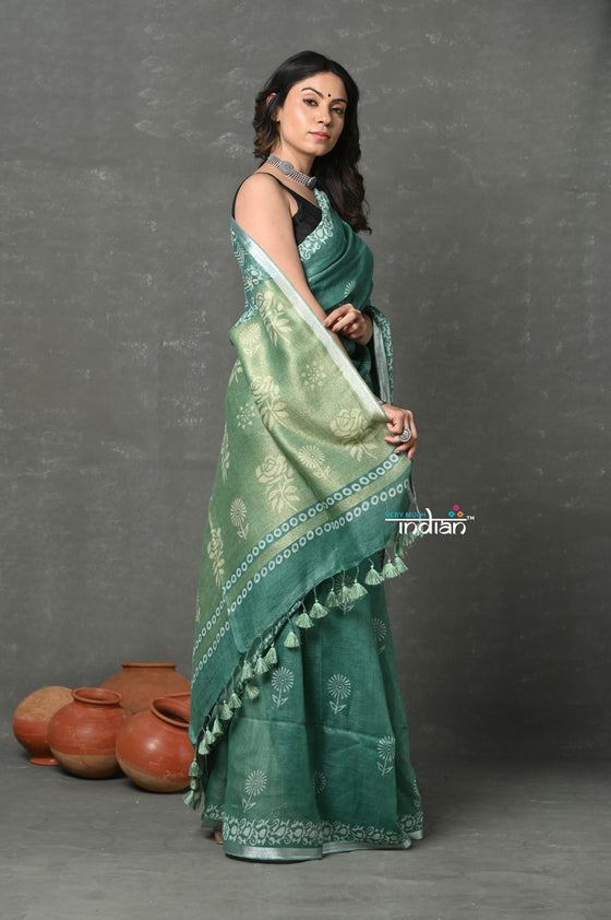 Tyohaar ~ Designed By VMI~ Handloom Pure Organic Natural Linen Saree - HandBlock Printed - Olive Green